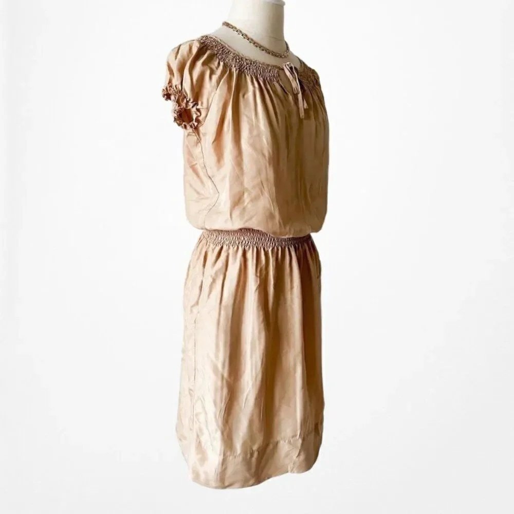 Vintage Y2K 90s Silk Beige Brown Puffy Sleeve Knee Length Boho Dress Size S/M/L